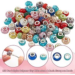 100 Stück 2 Stil Polymer Clay Strass & Harz europäische Großlochperlen mit silberfarben plattierten Messingkernen&nbsp;FPDL-NB0001-04