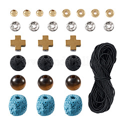 Crafans DIY Men's Gemstone Bracelet with Cross Making Kits, Including Natural Tiger Eye & Lava Rock & Synthetic Hematite Beads, Golden, Beads: 250Pcs/box