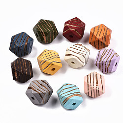 Perles de bois naturel peintes, motif gravé au laser, facette, polygone avec bande zébrée, couleur mixte, 16x15.5~16.5x15.5~16.5mm, Trou: 3mm