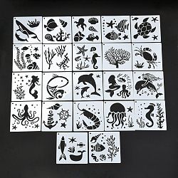 Pochoir de dessin en plastique pour animaux de compagnie, pour scrapbooking bricolage, carrée, motif sur le thème de l'océan, 13x13x0.02 cm, Trou: 5mm, environ 22 pcs / ensemble