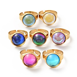 Anello regolabile in vetro piatto tondo k9, 304 gioiello in acciaio inossidabile per donna, oro, colore misto, misura degli stati uniti 6 (16.5mm), superficie dell'anello: 14x7mm