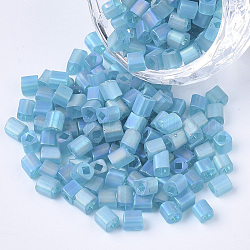 6/0 прозрачное стекло бисер, матовые ab цвета, квадратное отверстие, кубические, голубой, 6/0, 3~5x3~4x3~4 мм, отверстие : 1.2~1.4 мм, около 4500 шт / упаковка