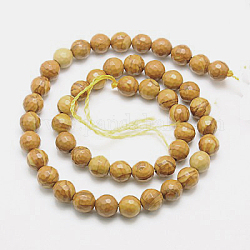 Chapelets de perles en bois pétrifié naturel, teinte, facette, ronde, 8mm, Trou: 1mm, Environ 46 pcs/chapelet, 15.75 pouce