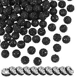 100pcs perles rondes en pâte polymère strass, avec 10pcs perles d'espacement en laiton strass, jet, pp13 (1.9~2mm), 6 rangs de strass, 10mm, Trou: 1.5mm, 110pc / boîte