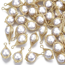 Colgantes envueltos en alambre de perlas de imitación de plástico abs, con alambre de latón bañado en oro claro, lágrima, gainsboro, 23x11~12x10mm, agujero: 2 mm