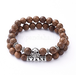 Stretch Bracelets Sets, with Natural Wood Beads and Tibetan Style Alloy Beads, Skull & Tube, Coconut Brown, Inner Diameter: 2 inch(5.2cm), 2pcs/set