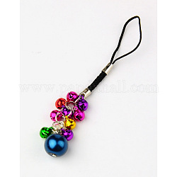 Glass Pearl Mobile Straps for Christmas, with Brass Bell Pendants and Nylon Cord, Blue, 120mm
