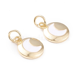 Brass Enamel Charms, with Jump Rings, Long-Lasting Plated, Flat Round with Moon, White, Real 18K Gold Plated, 12.5x10x2mm, Hole: 3mm