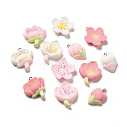 Undurchsichtige Pfirsichblüten-Anhänger aus Kunstharz, Blumenanhänger mit platinfarbenen Eisenschlaufen, zufällige Farbe, 23.5~29.5x16~24.5x5.5~7.5 mm, Bohrung: 2 mm
