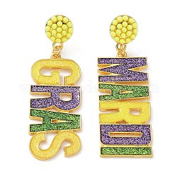 Orecchini pendenti con lettera in lega di zinco glitter a tema carnevalesco, orecchini asimmetrici word gras mardi, colorato, 61x19.5mm