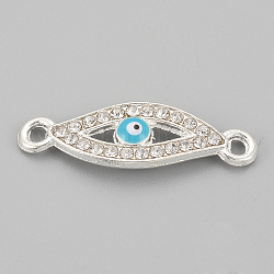 Alloy Rhinestone Links connectors, Cadmium Free & Lead Free, Evil Eye, Sky Blue, Silver Color Plated, 26x8x2mm, Hole: 1.5mm
