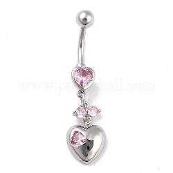 Piercing Jewelry, Brass Cubic Zirciona Navel Ring, Belly Rings, with 304 Stainless Steel Bar, Lead Free & Cadmium Free, Heart, Pink, 41mm, Pendant: 19x10mm, Bar: 14 Gauge(1.6mm), Bar Length: 3/8