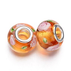 Handmade Inner Flower Lampwork European Beads, Large Hole Rondelle Beads, with Brass Core, Golden, Orange, 14x10mm, Hole: 5mm