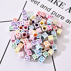 Perles acryliques blanches artisanales, cube avec expression mixte de couleurs mélangées, 6x6x6mm, Trou: 3.5mm, environ 100 pcs / sachet 