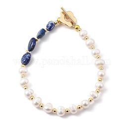 Natürliche kultivierte Süßwasserperlen Perlen Armbänder, mit natürlichen Lapislazuli Perlen, vergoldete Messingperlen und Blumenkippverschlüsse, 7-5/8 Zoll (19.5 cm)