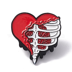 Spilla smaltata cuore cornice scheletro, spilla in lega di halloween per i vestiti dello zaino, elettroforesi nera, rosso, 26x25x1.5mm
