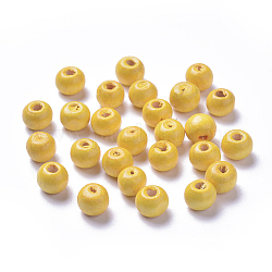 Dyed Natural Wood Beads, Round, Lead Free, Yellow, 8x7mm, Hole: 3mm, about 6000pcs/1000g