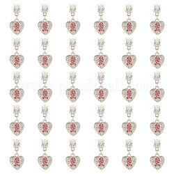 Olycraft 30 pièces alliage rose strass européen breloques pendantes, Pendentif grande trou, coeur avec motif de ruban de signe de cancer du sein, platine, 28mm, pendentif: 16x14x2 mm, Trou: 5mm