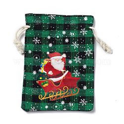 クリスマステーマの長方形ジュートバッグ、ジュートコード付き  タータンチェック巾着ポーチ  ギフト包装用  グリーン  サンタクロース  13.8~14x9.7~10.3x0.07~0.4cm