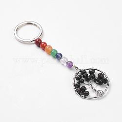 Gemstone and Natural Obsidian Chakra Keychain, with Iron Key Rings and Brass Pendants, Ring with Tree of Life, Platinum, 110mm