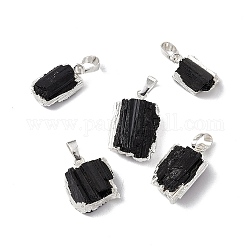 Pendentifs turmalins noirs naturels, pépites breloques, avec les accessoires en laiton, sans cadmium et sans plomb, couleur d'argent, 16~27.5x9.5~17x7~11.5mm, Trou: 5x8mm