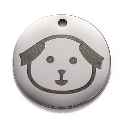 Stainless Steel Pendants, Manual Polishing, Flat Round with Dog, Stainless Steel Color, 20x1.4mm, Hole: 1.6mm