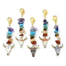 Alloy Ox-Head Shape Enamel Pendants Decorations, with Alloy Lobster Claw Clasps and Chakra Gemstone Chip Beads, Mixed Color, 73~76mm