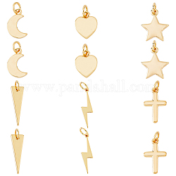 SUPERFINDINGS 12Pcs 6 Style Brass Pendants, with Jump Ring, Long-Lasting Plated, Moon & Heart & Star & Cross & Lightning Bolt & Triangle, Real 18K Gold Plated, 11.5~20x6~10x1~1.5mm, Hole: 3mm, 2pcs/style