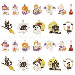 Sunnyclue 24 pièces 12 style halloween thème alliage pendentifs en émail, citrouille jack-o'-lantern & maison hantée & fantôme, couleur mixte, 19.5~32x11~34x1~2mm, Trou: 1.4~2mm, 2 pièces / style