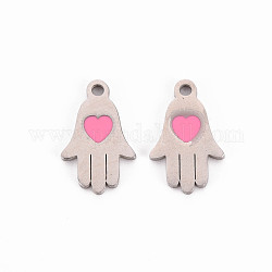 304 Stainless Steel Enamel Charms, Stainless Steel Color, Hamsa Hand/Hand of Miriam, Hot Pink, 15x9.5x1mm, Hole: 1.5mm