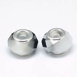 Electroplate Faceted Glass European Beads, Large Hole Beads, with Silver Plated Brass Cores, Silver, 14x9.5mm, Hole: 5mm