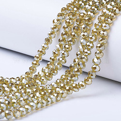 Electroplate Glass Beads Strands, Platinum Plated, Faceted, Rondelle, Dark Khaki, 6x5mm, Hole: 1mm, about 85~88pcs/strand, 16.1~16.5 inch(41~42cm)