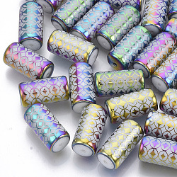 Perles en verre electroplate, colonne avec motif de fleurs, colorées, 20x10mm, trou: 1.2 mm, environ 50 PCs / sachet 