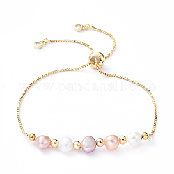 Bracelets coulissants réglables en laiton, bracelets bolo, avec des perles de nacre naturelle, zircone cubique et perles en laiton, or, 10-5/8 pouce (27 cm)
