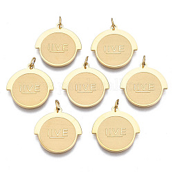 316 Surgical Stainless Steel Charms, with Jump Rings, Flat Round with Word Live, Real 14K Gold Plated, 14x14x1mm, Hole: 2mm, Jump Ring: 3.5x0.5mm, 2mm inner diameter