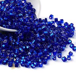 Abalorios de la semilla de cristal, plata forrada, cuadrado, azul medio, 3~4x3x3mm, agujero: 1.2 mm, aproximamente 6300 unidades / libra