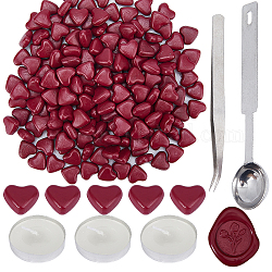 Particules de cire à cacheter coeur craspire 200pcs, avec 1 cuillère en acier inoxydable et 3 bougies rondes plates et 1 pinces à perles en fer, pour cachet de cachet rétro, rouge foncé, Coeur de particules de cire à cacheter : 12.5x13.5x6.5 mm