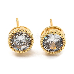 Cubic Zirconia Flat Round Stud Earrings, Real 18K Gold Plated Brass Earrings, Cadmium Free & Lead Free, Clear, 7mm