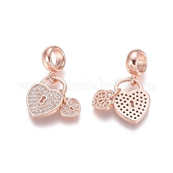 Brass Micro Pave Cubic Zirconia European Dangle Charms, Large Hole Pendants, Heart Lock, Clear, Rose Gold, 21.5mm, Hole: 5mm