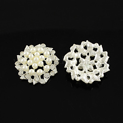 Shining Flower Alloy ABS Plastic Imitation Pearl Cabochons, with Grade A Crystal Rhinestones, Silver Color Plated, Creamy White, 31.5x10mm