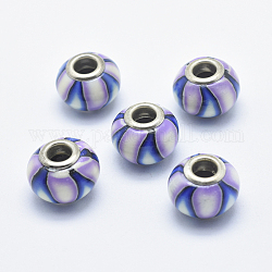 Perles européennes artisanales en pâte de polymère, avec noyaux en laiton plaqué couleur argent, Perles avec un grand trou   , rondelle avec motif de fleurs, support violet, 13~16x8~11mm, Trou: 4.5~5mm