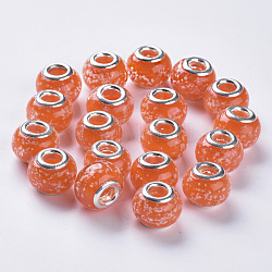 Main lumineux chalumeau perles européennes, Perles avec un grand trou   , avec couleur argent plaqué doubles noyaux de cuivre, rondelle, tomate, 14x11mm, Trou: 5mm