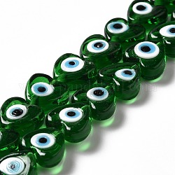 Chapelets de perles vernissées manuelles, cœur, verte, 12x12x6mm, Trou: 1.4mm, Environ 33 pcs/chapelet, 14.37''~14.57'' (36.5~37 cm)