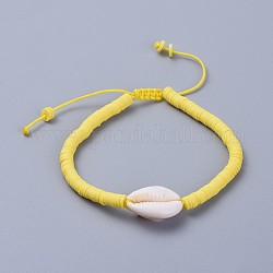 (Jewelry Parties Factory Sale)Eco-Friendly Handmade Polymer Clay Heishi Beads Braided Bracelets, with Cowrie Shell Beads and Nylon Cord, Yellow, 2 inch~3-1/8 inch(5~8cm)