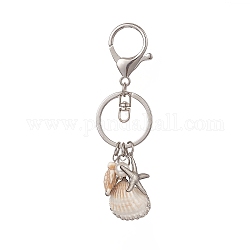 Porte-clés pendentif étoile de mer coquillage, avec porte-clés fendus en alliage et pendentif poisson en laiton émaillé, tortue, platine, 10.1 cm