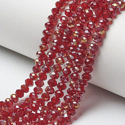 Placcare trasparente perle di vetro fili, mezzo arcobaleno placcato, sfaccettato, rondelle, rosso scuro, 4x3mm, Foro: 0.4 mm, circa 123~127pcs/filo, 16.5~16.9 pollice (42~43 cm)
