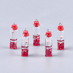 Decorazioni in vetro, con resina e fiori secchi, tamponi di resina e reperti di ferro, rosso, 42~44x11mm, Foro: 2 mm