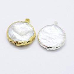Pendentifs de perles d'eau douce de culture naturelle, avec les accessoires en laiton, plat rond, couleur mixte, 20~26x16~20x4~6mm, Trou: 1mm