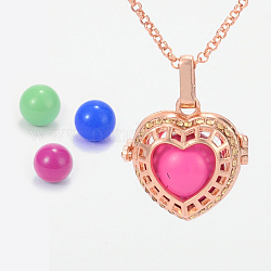 Rose Gold Plated Brass Rhinestone Cage Pendants, Chime Ball Pendants, Hollow Heart, with No Hole Spray Painted Brass Round Ball Beads, Mixed Color, 28x27x15mm, Hole: 3x8mm