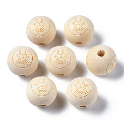 Unfinished Natural Wood European Beads, Large Hole Beads, Laser Engraved Pattern, Round with Dress, Old Lace, 15~16x14~15mm, Hole: 4mm